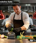 Chef using Pro Grade Cut Resistant Gloves Level 5 Food Safe With Stainless Steel Wire for safe vegetable slicing on mandoline.