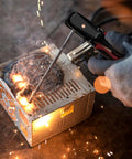 500 Amp Welding Electrode Holder with Strong Bite in action, high copper content and durable insulated handle, MMA stick welding.