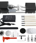 Mini CNC Lathe Tool Set for DIY Wood Lathe Bead Polisher and Milling Machine Kit with 100W motor and accessories displayed.