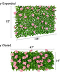 Expandable Faux Ivy Privacy Screen For Outdoor Yards, Patios And Balconies, Artificial Hedge Lattice Fence With Single Sided Leaves In Hydrangea Pink expanded and closed views.