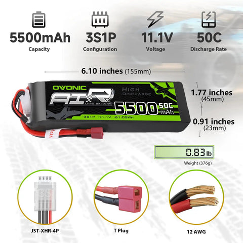 Beefy 5500mAh 3S 11.1V LiPo Battery 50C With Dean T Connector For RC Airplane Quad Helicopter FPV Drone Two Pack Soft Case High Discharge Performance JST-XHR-4P Charging Plug Dean Style Drop In Power, shown with dimensions and connectors.