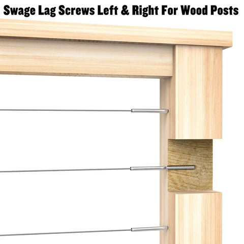 Heavy Duty Left And Right Hand Thread Swage Lag Screws For Three Sixteenth Inch Stainless Steel Cable Sixty Pack Thirty Pairs Deck Cable Railing Hardware T316 For Wood Posts Indoor Outdoor DIY Railing By BLIKA installed on wood posts.