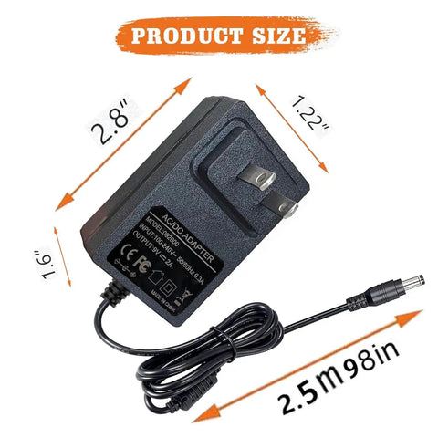 9V 2A Electronic Drum Power Adapter For Alesis Pads And Modules, Reliable DC Power Supply Cord showing size dimensions