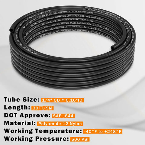 Coiled Premium PA12 Nylon Pneumatic Air Tubing 30 Ft 1 Quarter Inch OD DOT Approved For Semi Trucks And Industrial Air Systems SAE J844 Compatible High Temperature High Pressure Pneumatic Hose Line