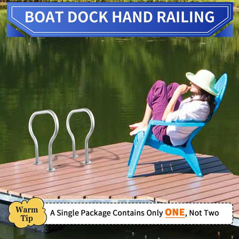 Rock Solid Boat Dock Handrail Heavy Duty Safety Grab Bar For Marina Deck 24 Inch Marine Boarding Railing on a wooden dock.