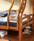 Twin Over Full Bunk Bed With Upper Rails Angled Ladder And Bold Curved Wood Design In Oak Finish Ideal For Kids Rooms And Sleepovers