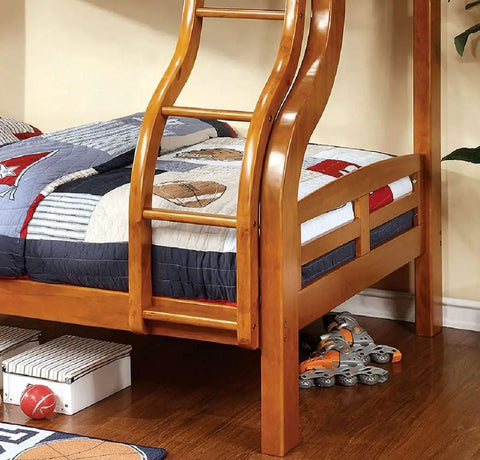 Twin Over Full Bunk Bed With Upper Rails Angled Ladder And Bold Curved Wood Design In Oak Finish Ideal For Kids Rooms And Sleepovers