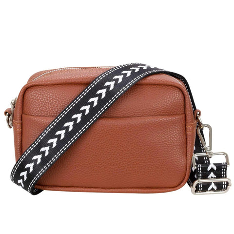 Snag This Wide Adjustable Crossbody Purse Strap For A Luxe Jacquard Weave Look And Solid Gold Hardware That Fits Your Fit And Elevates Your Everyday Carry Game Smoothly mounted on a brown bag.