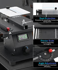 Slick 4 In 1 Mini Table Saw With Led Voltage Display And 7 Adjustable Speeds For No Fuss Crafting And Woodworking Featuring 10 Sanding Belts Plus 90 Degree Adjustable Belt Sander Dual Bench Grinder And Polishing Wheel Kit with digital display and adjustable components.