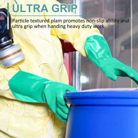 Kick Ass Chemical Resistant Gloves 10 Pack Heavy Duty Nitrile Work Protective Gear Built Different For Acid Oil Alkali Defense 12 Inch Long Rock Solid Industrial, showing green gloves with ultra grip texture.