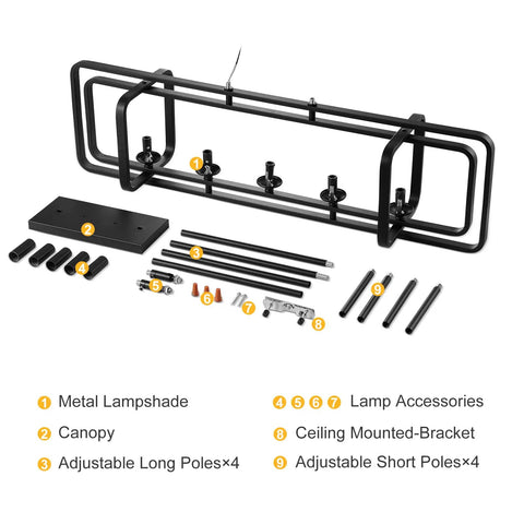 Modern Farmhouse 5 Light Kitchen Island Pendant Chandelier In Black Metal with disassembled components shown