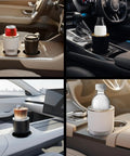 Ride Ready Two In One Car Cup Cooler Warmer And Smart Auto Tumbler Holder That Keeps Your Daily Brew Iced Down Or Steaming Hot In Minutes Perfect For Road Trips And The Daily Grind White Silver in car cup holder with cans and bottles.