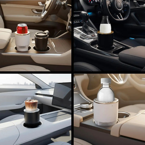 Ride Ready Two In One Car Cup Cooler Warmer And Smart Auto Tumbler Holder That Keeps Your Daily Brew Iced Down Or Steaming Hot In Minutes Perfect For Road Trips And The Daily Grind White Silver in car cup holder with cans and bottles.