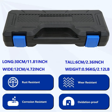 Solid As A Rock Half Inch Drive EV Hybrid Socket Kit For Tesla And Mainstream Electric Cars With Battery Disassembly Tools AC Compressor Wrenches Pro Chrome Gear Ready To Roll, detailed toolbox dimensions with rust and corrosion resistance.