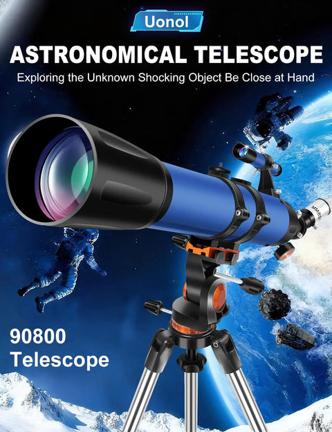 High Powered 90mm Aperture 800mm Refractor Telescope For Adults Beginner Friendly Astronomy Starter Kit with space background