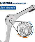Metal hinge with adjustment feature for heavy duty lid support, shown with Allen wrench diagram for adjustable open angles.