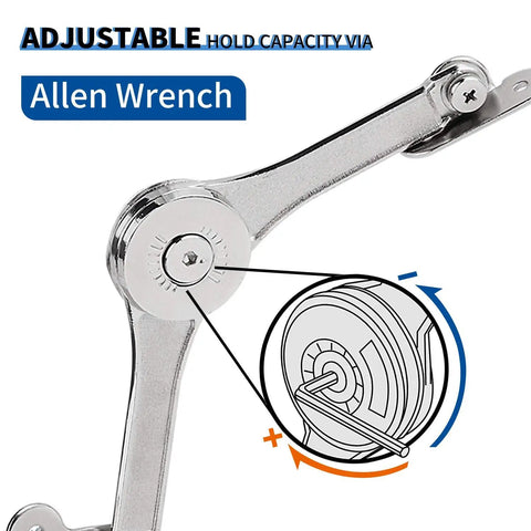 Metal hinge with adjustment feature for heavy duty lid support, shown with Allen wrench diagram for adjustable open angles.