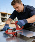 Man using Pro-Grade Dual-Wheel Slitter Tool for Metal, Vinyl and Cardboard on aluminum sheet, achieving precise, burr-free cuts on-site.