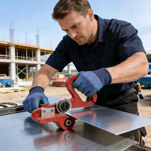 Man using Pro-Grade Dual-Wheel Slitter Tool for Metal, Vinyl and Cardboard on aluminum sheet, achieving precise, burr-free cuts on-site.