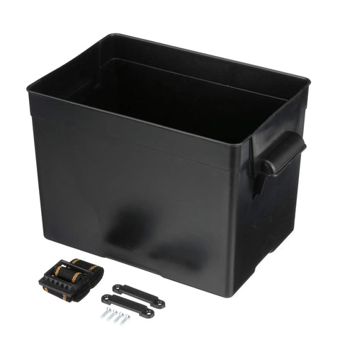 Rock Solid Marine Battery Box For Group 24 Packs Uscg Certified Polyethylene Shell with hold down strap and hardware components.