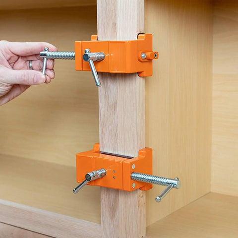 Badass Cabinet Clamps 2 Pack For Real Woodworking Projects with Flip Side Pilot Drill Guide used on wood stiles.