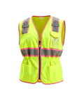 Slim Fit High Visibility Vest For Women With Drawstring Waist Hella Bright Reflective Safety Gear tailored with pockets and pink trim.