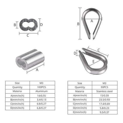 Aluminum crimp sleeves and M3 stainless steel thimbles, part of 2 In 1 Wire Rope Crimping Tool And Cutter For DIY Rigging set.