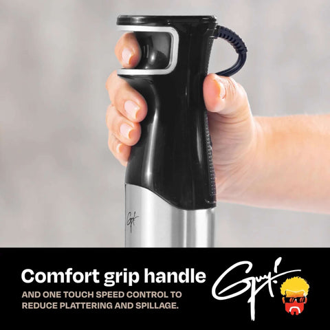 Close-up of hand holding the comfort grip handle of the Pretty Dang Powerful Immersion Blender With 400W DynamicShaft Tech.