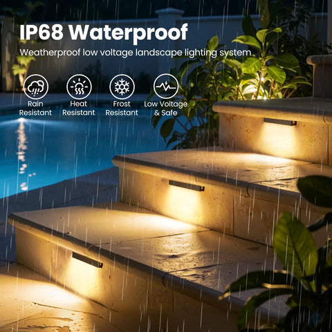 All In One Outdoor Retaining Wall Lights Kit With Transformer 2700K Warm White Hardscape Landscape Lighting IP68 Waterproof illuminating steps.