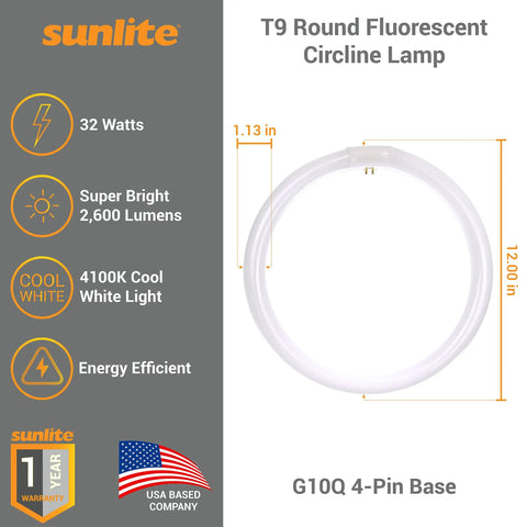 T9 Round Fluorescent Circline Lamp 32W 2100 Lumens Cool White 4100K G10Q 4Pin Base RoHS Compliant Energy Efficient Long Life Ceiling Light Fixture