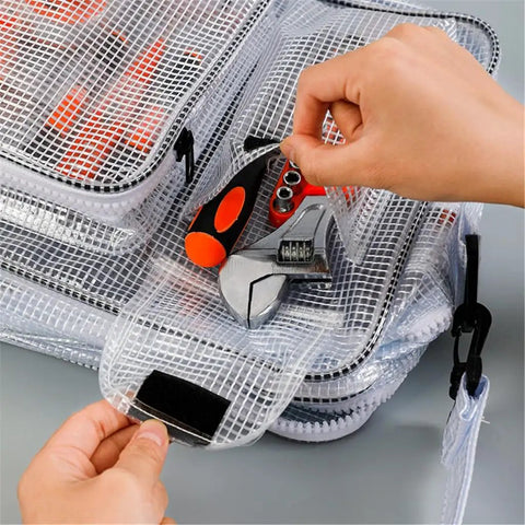 Killer Protective Clear Crossbody Tool Bag For Cleanroom Engineers Featuring Sick Storage And Secure Computer Carrying With Smooth Adjustable Straps That Are Zero Hassle, showing open pocket with tools.
