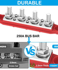 Top Shelf Heavy Duty Bus Bar Power Distribution Block Featuring Thick Tinned Copper Plates And Massive Stud Terminals For Flawless Two Hundred Fifty Amps Twelve Volt Solar Rv Automotive Battery Setup, showcasing three massive stud terminals.
