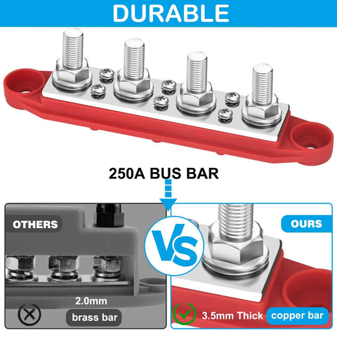 Top Shelf Heavy Duty Bus Bar Power Distribution Block Featuring Thick Tinned Copper Plates And Massive Stud Terminals For Flawless Two Hundred Fifty Amps Twelve Volt Solar Rv Automotive Battery Setup, showcasing three massive stud terminals.
