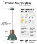 Vintage Green Industrial Pendant Light With Solid Wood And Iron Adjustable Height Ceiling Fixture diagram with specs