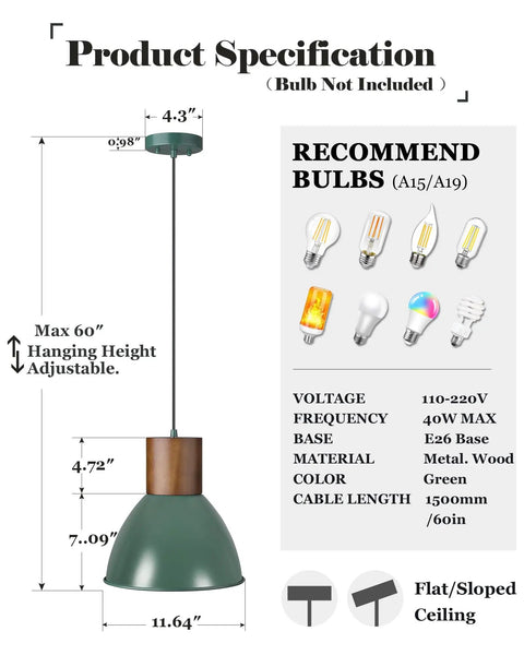Vintage Green Industrial Pendant Light With Solid Wood And Iron Adjustable Height Ceiling Fixture diagram with specs