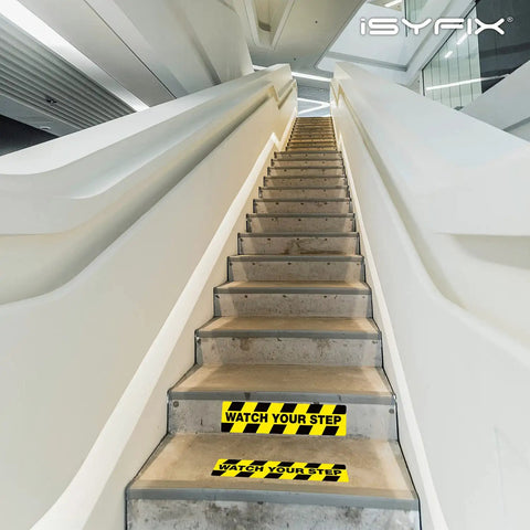 Staircase with Watch Your Step Floor Decals 6 Pack 20x5 Inch Self Adhesive Vinyl Laminated No Slip Anti Slip Safety Stickers