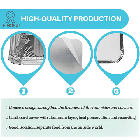 Diagram of Disposable Aluminum Pans With Lids 50 Pack, 8.5 By 6 Inch Top, corner design, and cardboard lid details.