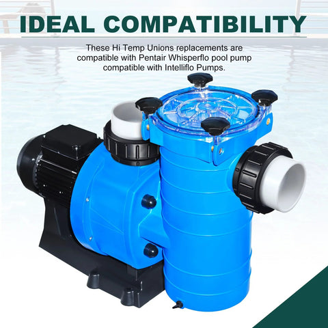 Image of a pool pump with Hi Temp Unions 4 Pack For 2 Inch MIP Threads Pool Pumps With 2 Inch PVC Slip Socket Ends Compatible With Pentair Whisperflo And Intelliflo Pumps Briwooody shown installed, highlighting compatibility.