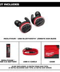 Rugged USB Bluetooth Jobsite Ear Buds With RedLithium Power For Pro Contractors shown with USB 3.0 battery, USB-C cable, and case.