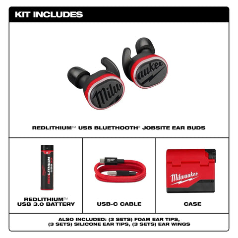 Rugged USB Bluetooth Jobsite Ear Buds With RedLithium Power For Pro Contractors shown with USB 3.0 battery, USB-C cable, and case.