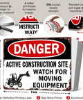 Active Construction Site Warning Sign Aluminum 8x12 Inch Rustproof Metal Wall Decor features danger text and construction graphic.