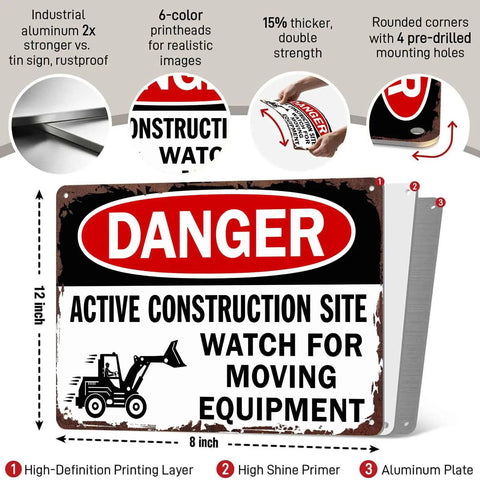 Active Construction Site Warning Sign Aluminum 8x12 Inch Rustproof Metal Wall Decor features danger text and construction graphic.