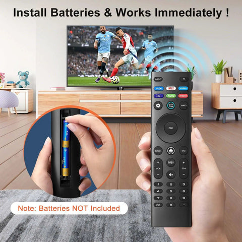 Top Shelf Universal Tv Remote Replacement Boasting Snappy Button Response; hand inserting batteries into remote with TV background.