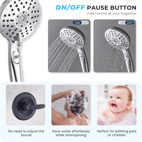 Dual Shower Head System With 8 Inch Rain Shower Head And Handheld Showerhead, ON/OFF pause button demonstration