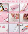 Pink Must Have Desk Organizer Set For Women 14 In 1 Office Essentials Kit With various tools in use, including tape dispenser and stapler.