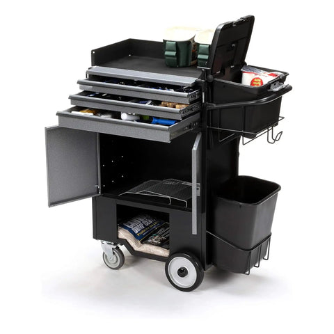 Kickass Heavy Duty Rolling Painters Cart With 5 Gallon Bucket Storage And Pro Tool Set with open drawers and accessible tool storage.