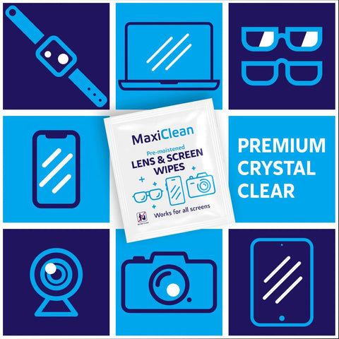 MaxiClean Lens & Screen Wipes packet; pre-moistened wipes for glasses and device screens