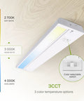 18 Inch Dimmable Under Cabinet Lighting With Swivel Lens 3CCT 2700K to 4000K color options displayed on wooden surface