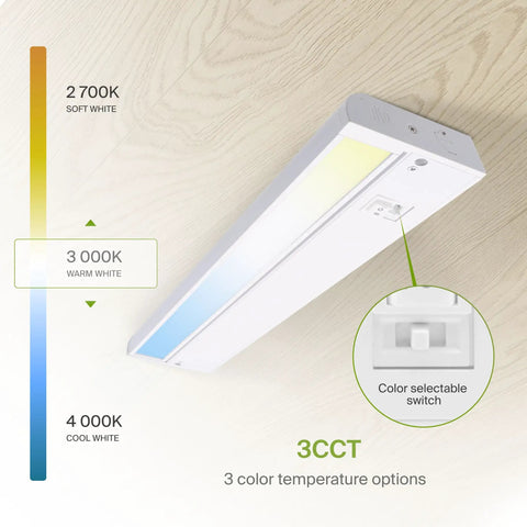 18 Inch Dimmable Under Cabinet Lighting With Swivel Lens 3CCT 2700K to 4000K color options displayed on wooden surface