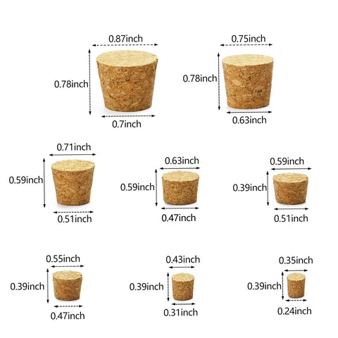 120 Piece 8 Sizes Tapered Cork Stoppers Set Natural Wood Wine Bottle Plugs dimensions view